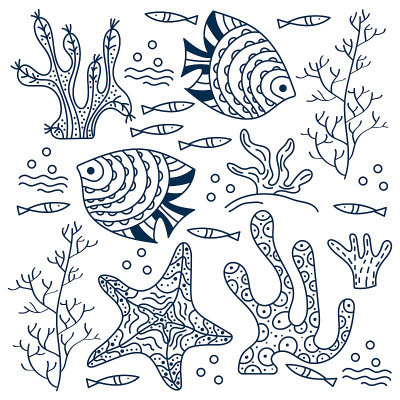 Sea floor, underwater world. Fish and seaweed on a