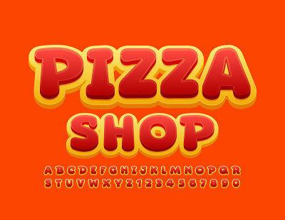 向量亮横幅披萨店。创意字母和数字集