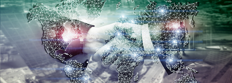 全球地图双重曝光网络。电信、国际商务互联网和技术概念。