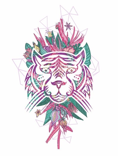 少女纹身风格的热带老虎脸部肖像