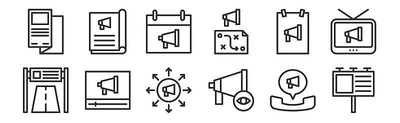 一套12瘦轮廓图标，如广告牌，推广，视频营销，海报，时间表，杂志的网页，手机