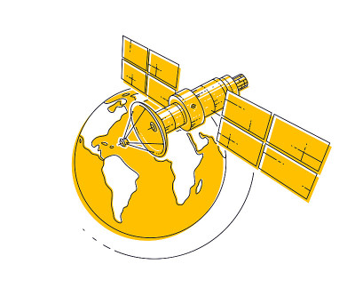 卫星绕地球运行，航天飞行，通信航天器空间站与太阳能电池板和卫星天线板。细线三维矢量插图。