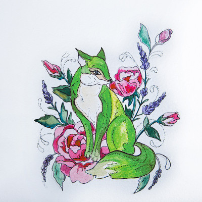 在白色背景的花上画狐狸。