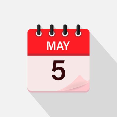 5月5日，日历图标带阴影。日、月。平面向量插图。