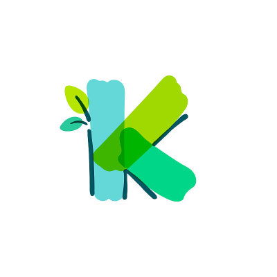 K字母标志与绿叶手写与毡尖笔。