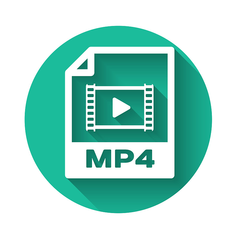 白色MP4文件文件图标。下载mp4按钮图标隔离与长阴影。MP4文件的象征。绿色圆圈按钮。矢量图