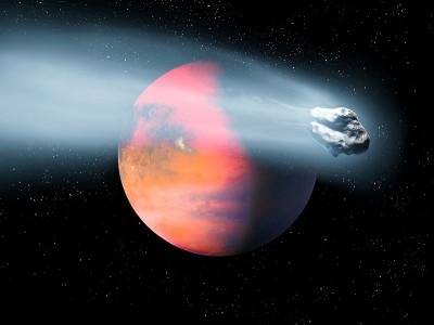 彗星以一颗外星球为背景飞行