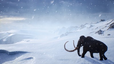 一只巨大的猛犸象正沿着积雪覆盖的冰川行走。冬季自然条件下巨大的高冰川。北极冬季景观。3 d渲染。