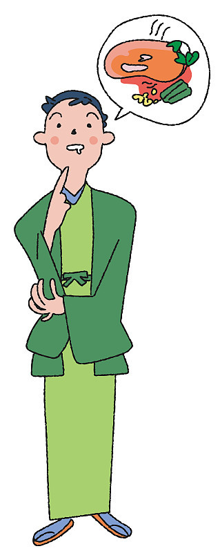 A man wearing a kimono and thinking of a treat Ill