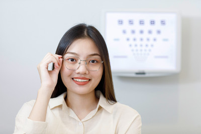 可爱的女人测试眼镜和微笑与Snellen图表背景