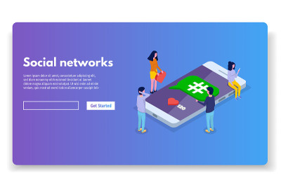 社交媒体，网络等距概念。矢量插图。