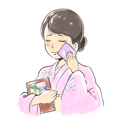 和服女人触摸和哭泣