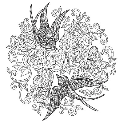禅宗涂鸦小燕子缠绵成人涂色页，插画缠绵风格。