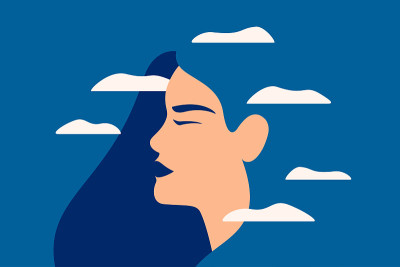 一个悲伤的年轻女子在蓝色背景下有一个模糊的思想。