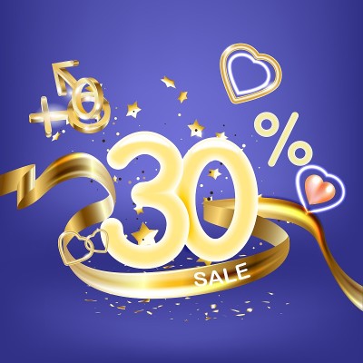 情人节特价30折折扣创造性的成分。3d销售标志与装饰物品，金色的五彩纸屑。