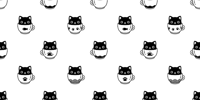 猫无缝图案猫矢量咖啡杯印花布品种围巾孤立的日本卡通瓷砖墙纸重复背景插图设计