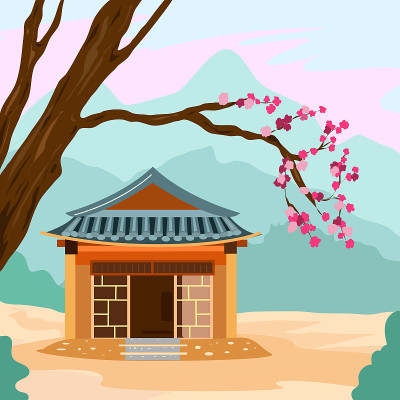 韩屋的韩屋和樱花枝上都有鲜花。