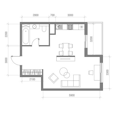 建筑平面图与尺寸。Studio公寓矢量插图。前
