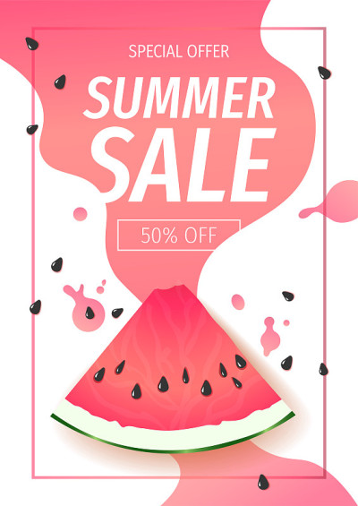 西瓜的马尾辫，斑点和滴水。夏季促销传单设计。