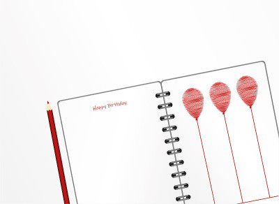 Notebook with red balloon hand-drawn. Dairy and pe