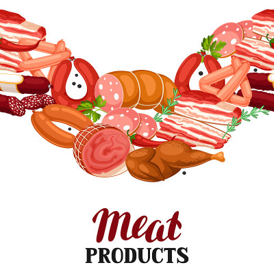 无缝模式与肉制品。香肠、熏肉和火腿的插画