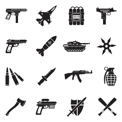 武器图标。黑色的平面设计。矢量插图。