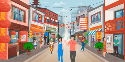 走在中国的大街上，到处都是展示商品的商店。人们走在中国城市的街道上