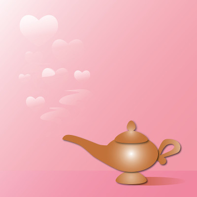 粉色背景的阿拉丁神灯。情人节贺卡或婚礼贺卡。