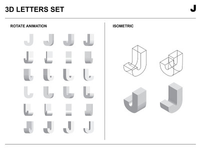 3d J字母字母设置动画等距线框向量