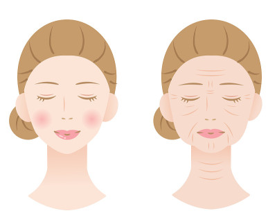 young and old wrinkled skin of woman face. Before 