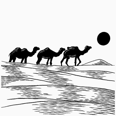 手拉骆驼穿过沙漠。大篷车穿越沙丘孤立矢量图。骆驼商队的概念在复古素描艺术复古雕刻图形风格