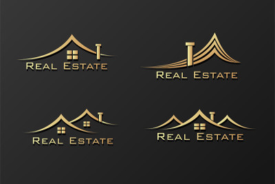 黑色背景下的房地产建筑金色标识向量设计。