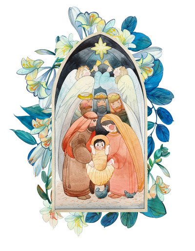 圣诞水彩插画的诞生场景:新生的耶稣基督，圣母玛利亚，约瑟夫，三个智者，天使和星星的伯利恒花花环。圣诞