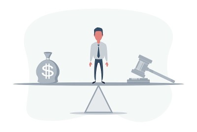 一袋钱，上面有美元符号，秤上有法官的锤子。概念游说为通过一项法律或一项规范，腐败