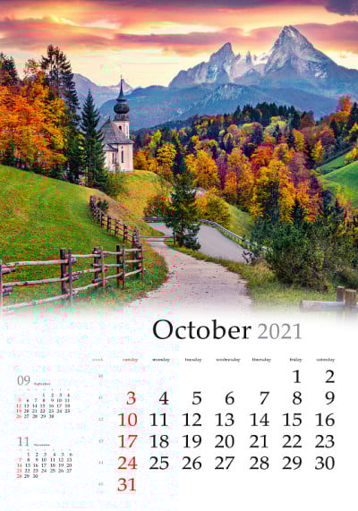 日历2021年10月，垂直B3大小。一套日历与惊人的风景。巴伐利亚阿尔卑斯的标志性图片与玛利亚根教堂