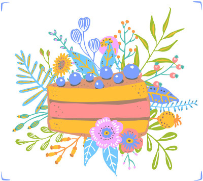尤特蓝莓蛋糕装饰花卉花束矢量插图