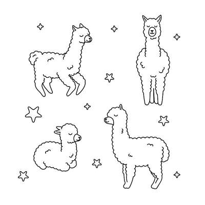 字符的向量集。南美洲可爱的喇嘛与星星的插图。孤立轮廓卡通小美洲驼。