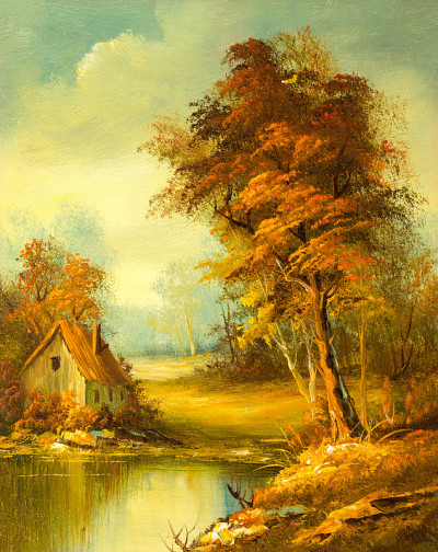 湖畔小屋复古油画