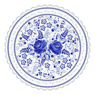 Round floral element in Russian folk style Gzhel