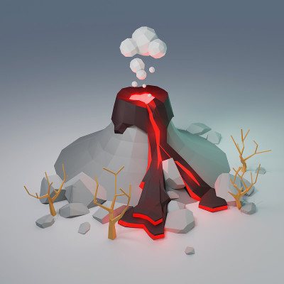 3d渲染火山与熔岩插图。火山喷发的低多边形景观。