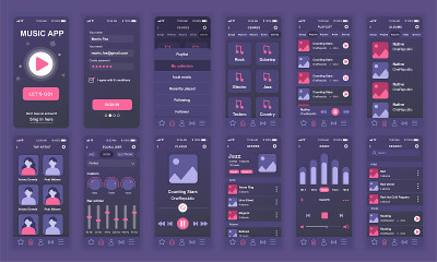 一套UI, UX, GUI屏幕音乐应用平面设计模板的移动应用
