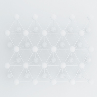 3 d演示。抽象的白色立体构图，渲染。球和连杆的结构。原子，分子，铰链的图像。
