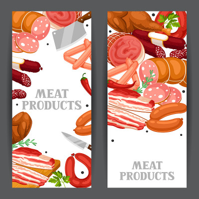 肉制品横幅。香肠、熏肉和火腿的插画