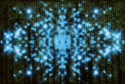 蓝绿色矩阵数字背景。抽象的网络空间的概念。绿色的人物倒下了。来自符号流的矩阵。虚拟现实设计。复杂的算