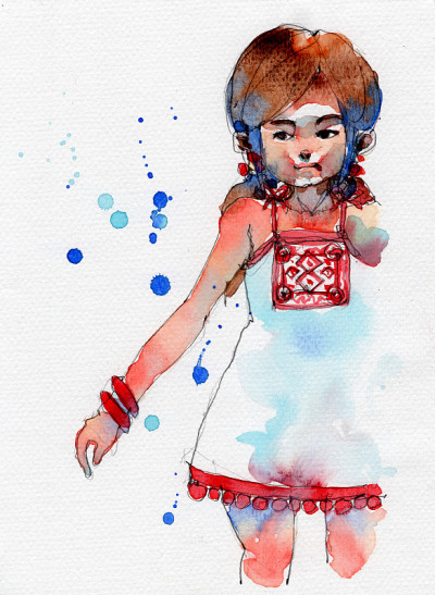 水彩画插图的女孩在白色苗族服装，手绘在纸上
