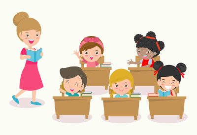 老师和学生在教室上课，学生在教室学习，孩子和老师在教室，矢量插图