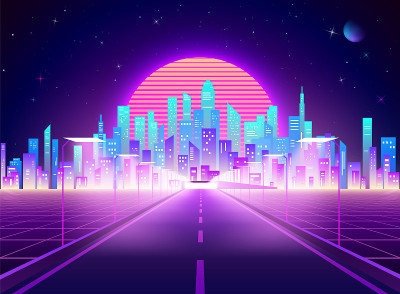 通往赛博朋克未来小镇的高速公路。霓虹复古城市景观。科幻背景的抽象数字建筑。矢量图