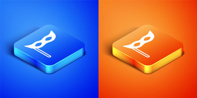 Isometric Festive mask icon isolated on blue and o