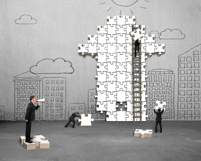 商人命令工人建造箭头拼图与