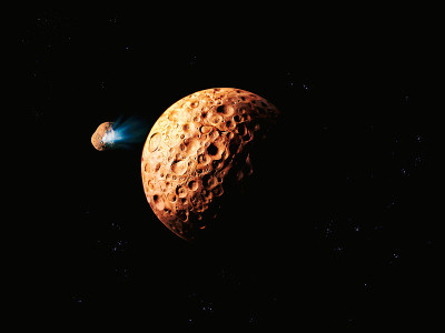 红色星球，布满了小行星和彗星的陨石坑。